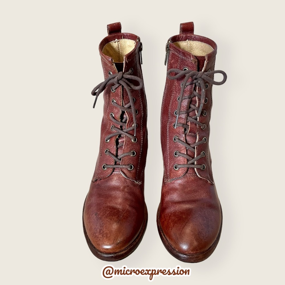 Frye Carson Lug Lace Up Brown Real Leather Combat Granny Pull On Cute Ankle Boot - Picture 7 of 13